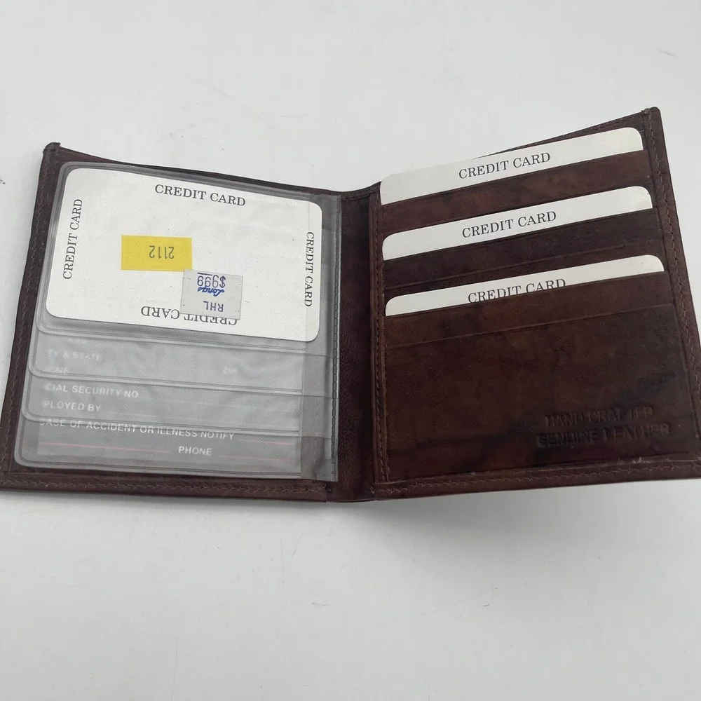 Handcrafted Genuine Leather Bifold Wallet Brown with ID Window Insert